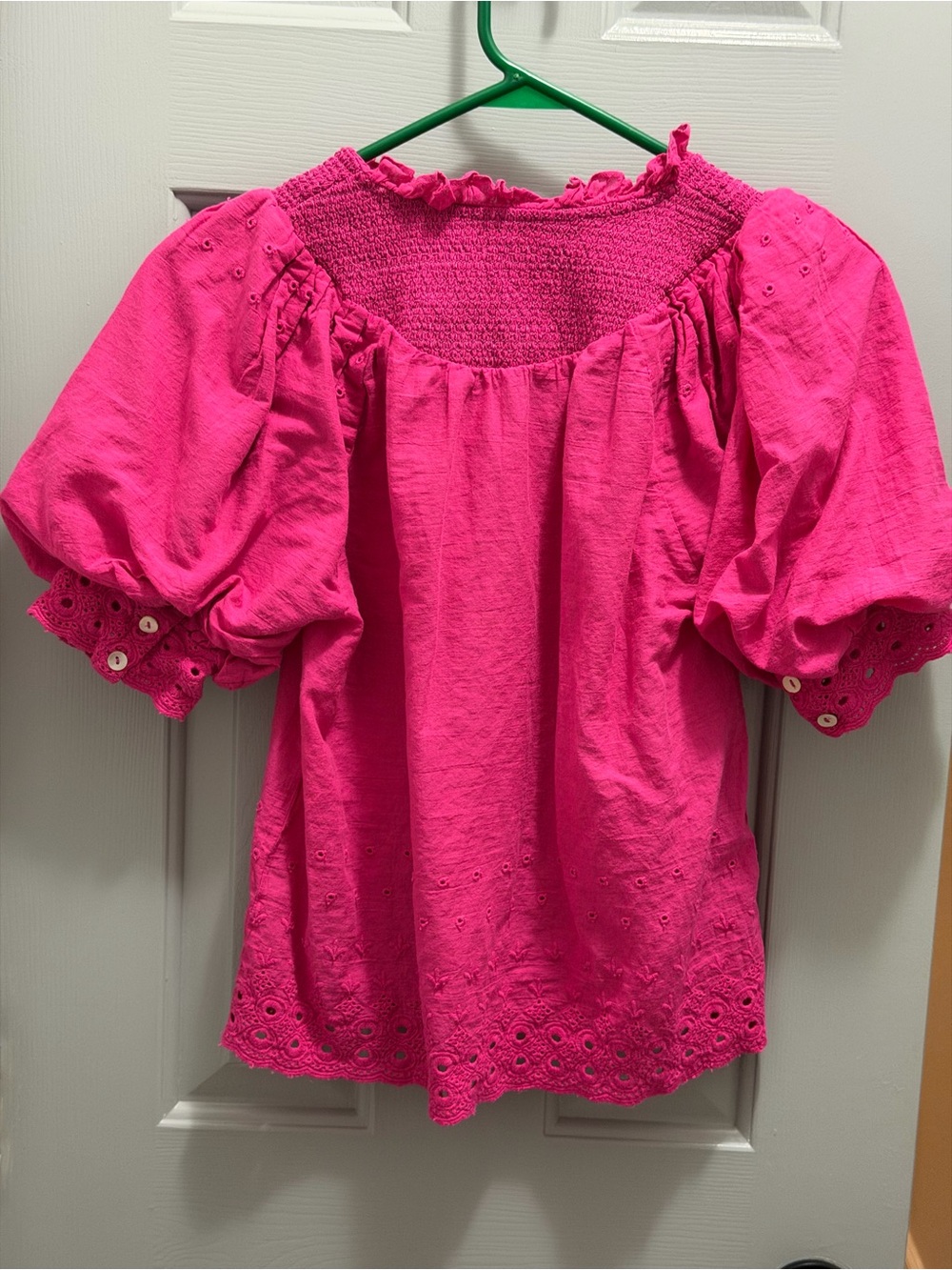 House of Harlow 1960 Eyelet Embroidered Top Blouse Puff Sleeve Size Small Pink - Picture 4 of 10